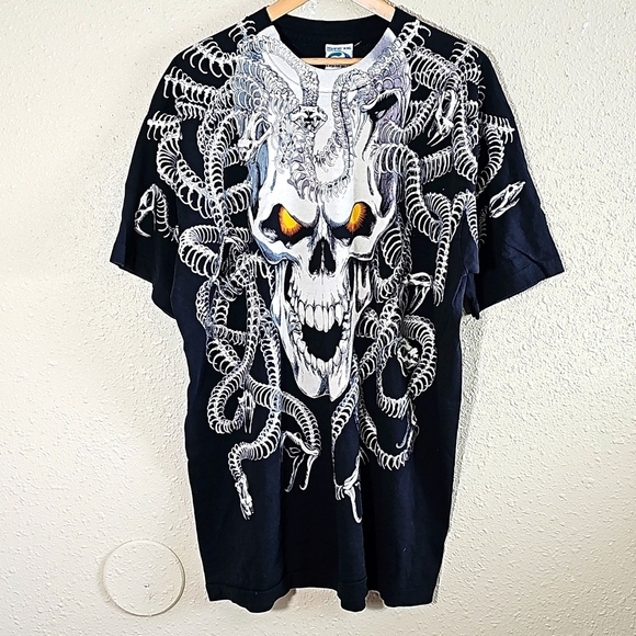 Vintage Liquid Blue Medusa Skull Snake T-Shirt.